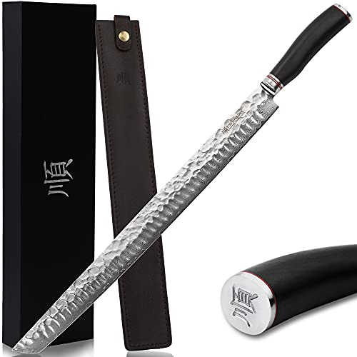 YOUSUNLONG Maguro Bocho - Coltello per tonno extra large da 17 pollici (430 mm) Sujihiki adatto per tagliare grandi tonno, salmone, manzo e pecora, manico in ebano con custodia in pelle