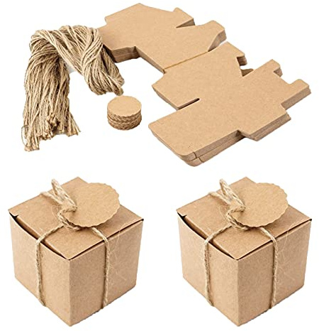 Quadratische Geschenkbox, 50 Pcs Geschenkbox Hochzeit Kraftpapier, Süßigkeiten Box Hochzeit, Geschenkschachtel Braun mit Hanfseil und Schilder, für Geschenke, Hochzeit, Party, Weihnachten, Geburtstag