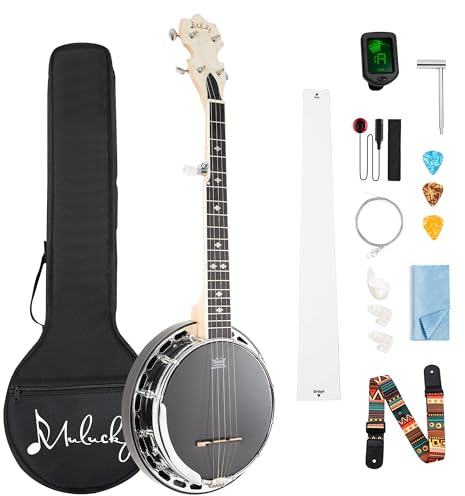 Mulucky 5-saitiger Banjo Mini, Reise-Banjo mit Remo Kopf, Resonator und 5. Stimmgerät, Anfangsset mit Stimmgerät, Gurt, Schlüssel, Plektren, Lineal – B803