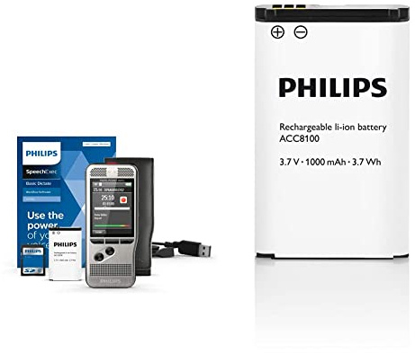 Philips PocketMemo DPM6000 Digitales Diktiergerät, Audiorecorder, Aufnahmegerät inkl. Diktiersoftware SpeechExec Basic 2-Jahres-ABO & ACC8100 Li-Ion Akku für Philips DPM8xxx, 7XXX, 6XXX, schwarz/weiß