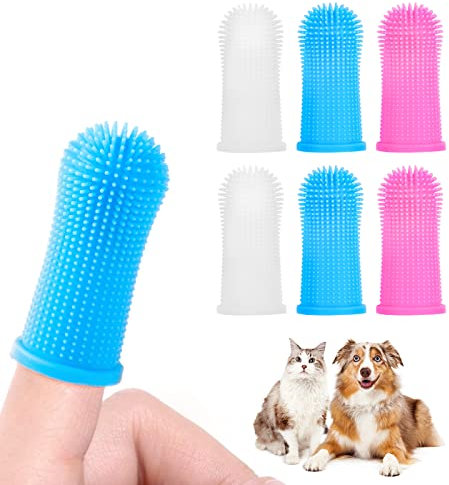 VSSHE Hundezahnbürste Fingerling, 4 Stück, Wiederverwendbar, Lebensmittelechtem Silikon, 360° voll Umschlungene Borsten, für Erwachsener Finger, Mit Großen Aufbewahrungsbox, Blau, Rosa, Weiß