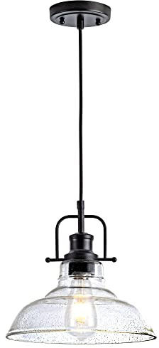 Zlepmlla Glass Pendant Light，Black Pendant Light Fixtures with Seeded Glass Shade, Adjustable Height Hanging Lights for Hallway, Kitchen Island, Dinning Room（Bulb not Included）