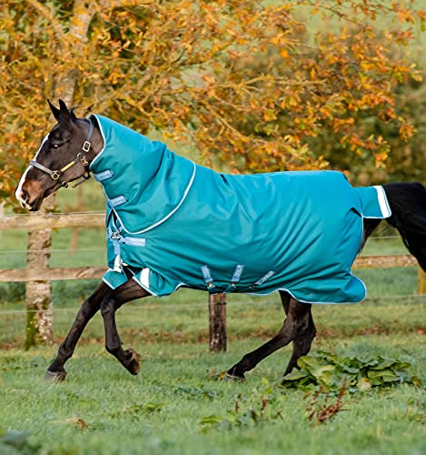 Horseware Amigo Bravo 12 Plus Regendecke Heavy 400g Storm Green/Turquoise, Aqua & Blue mit Halsteil, Größe:7'0
