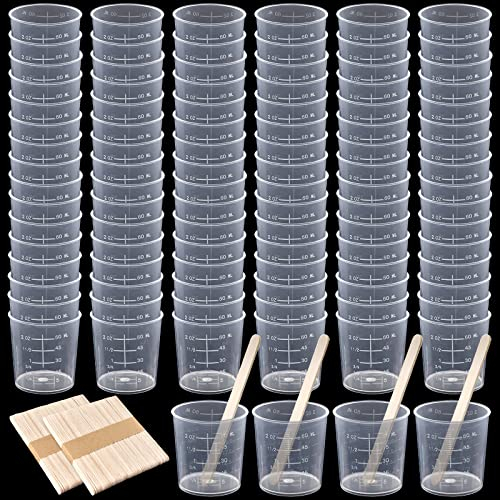 100 Stück 60 ml transparente Messbecher, wiederverwendbar, transparenter Kunststoff, abgestufte Epoxid-Mischbecher mit 100 Stück Holzrührstäbchen für Flüssigkeiten, Harz, Epoxid, Flecken, Mischfarbe
