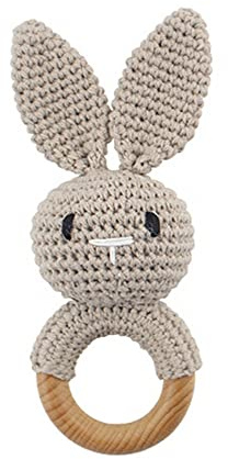Baby Greifling Rassel Beißring,Tier Gehäkelte Babyrassel Häkeln Holz Greifling Baby Rassel Fuchs Tiger Löwe Hase Baby Montessori Babyspielzeug für Neugeborenes Baby Junge Mädchen Geschenk zur Geburt