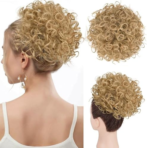 PORSMEER Haarteil Dutt Haar Bun mit Elastischer Kordelzug Kurz Locken Welle Pferdeschwanz Haarteil Kunsthaar wie Echthaar Updo Haarverlängerung zopf für Frauen Tägliche,Blond
