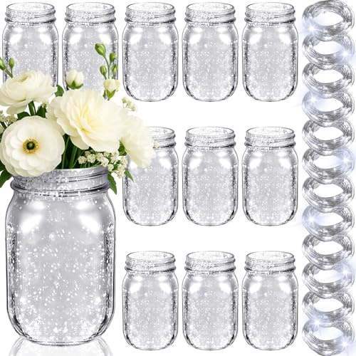 Tioncy 12 Pcs Painted Mason Jars for Table Glass Decorative Jars with 12 Light Strings for DIY Wedding Valentines Day Housewarming Home Decoration(Silver)