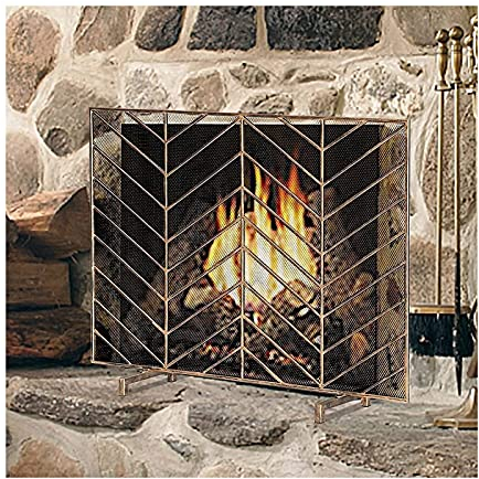 Feuerschutz, einteiliges Eisen-Kaminschutzgitter, flach, freistehender Kaminschutz mit stabilem Schmiedeeisenrahmen, Feuer- und Funkenschutzgitter mit dekorativem Metallgitter (Gold, 99 x 23 x 79 cm)