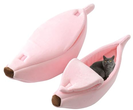 BomDog Beruhigendes Katzenbett, Katzenbetten Beruhigendes Katzenbett Kuschelhöhle Katze, Warmes Haustiernest Bananenform, Abgedecktes Katzenbett für Drinnen und Draußen (XL, Rosa)