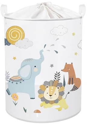 Clastyle 63L Cesta Portabiancheria Animale Cartone Bianco per Ragazzi Ragazza Contenitore Giochi Bambini Elefante Volpe Grande Tondo Pieghevole per Camera da Letto, 40x50 cm