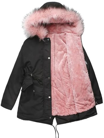 CUTTE Dicke Damen Jagdjacke Winter-Fleece-Mäntel Kapuzenmantel für Kaltes Wetter Mittellange Pufferjacke Mäntel,Black pink,5XL
