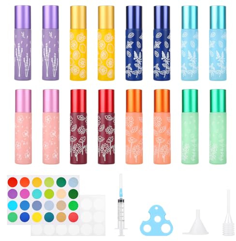 MirraSwit 16 Stück 10ml Farbverlauf Roll on Flasche Leer | leere roller zum befüllen öle, Roll on Glasflaschen für Ätherisches Öl, mit Edelstahl Roller Ball für Öle, Massagen