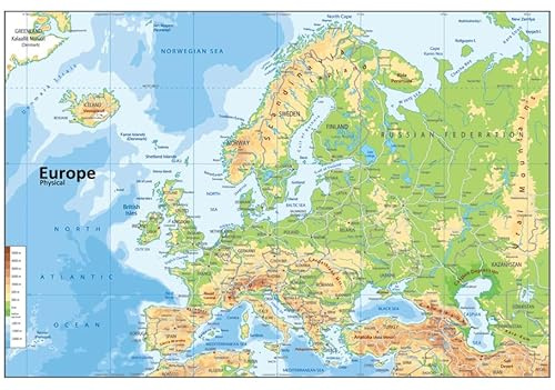 Physische Karte von Europa, Größe A1, 59,4 x 84,1 cm, laminiertes Papier