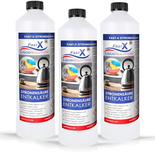 FAST X Zitronensäure Entkalker 3 x 1 Liter | 3L Vorratspack | Flüssiger Kalklöser & Kalkentferner | für Wasserkocher, Kaffeemaschine, Armaturen & Duschköpfe | Küche, Bad & Haushalt | Made in Germany