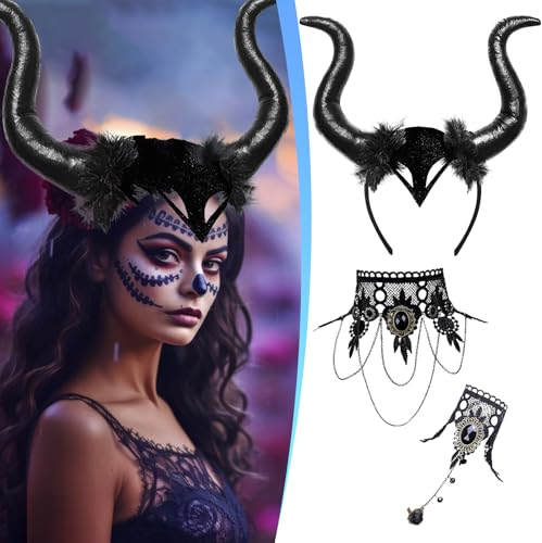 Maleficent Hörner Frauen Kostüm,Haarband mit Dämonenhorn,Teufel Hörner Haarreif Kopfschmuck mit Armbänder Halskette, Böse Königin Halloween Kostüm für Karneval Party Evil Queen Böswilliges Cosplay