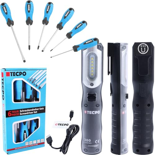 TECPO Werkstattlampe Akku LED Handlampe 300 Lumen 6500K USB mit 6X Schraubendreher