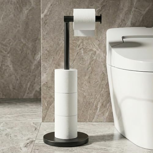 Cesun Toilettenpapierhalter Ständer Freistehend, Schwarz Toilettenpapier Aufbewahrung mit Schwerem Boden, Badezimmer Edelstahl Toilettenpapierrollenhalter, rutschfest, Mattschwarz