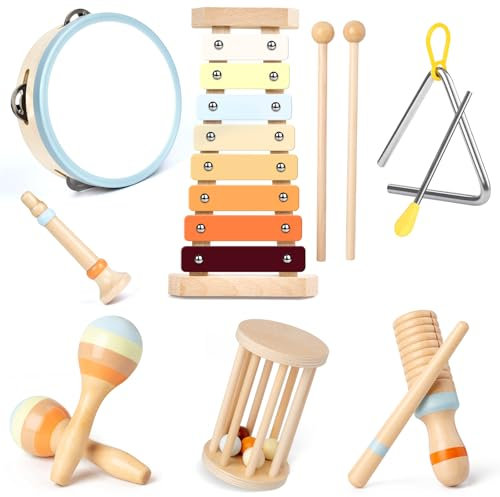 Joellfuner Musikinstrumente für Kinder, Montessori Musikinstrumenten Set, Musik Holzspielzeug für Jungen und Mädchen, Spielzeug Geschenke Trommel Xylophone für Kleinkinder ab 3+ Jahre