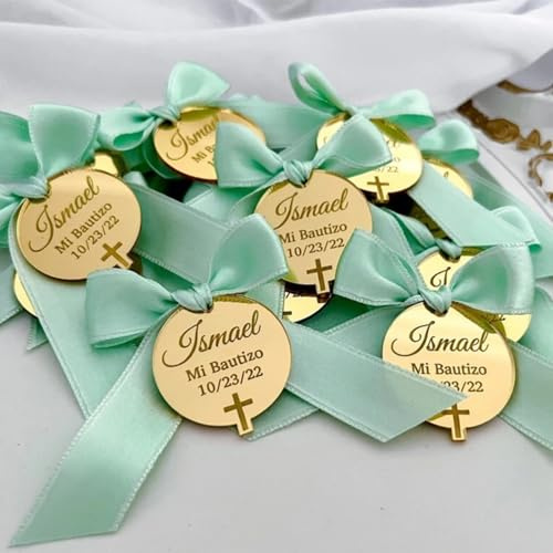 Etiquetas personalizadas de espejo de acrílico MXN, etiqueta de nombre grabada personalizada, cáliz de bautizo para bebé, espejo redondo de acrílico en forma de cruz para favores de bautizo, boda