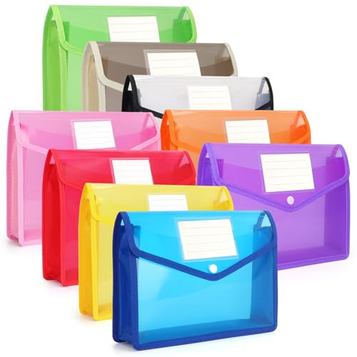 FYY Dokumententasche A4, 9 Stück Dokumentenmappe A4 Dokumente Aufbewahrung mit Druckknopf und Tasche, Wasserdicht Kunststoff Geldtasche Mappen für Reise Büro Schule, 9 Farben