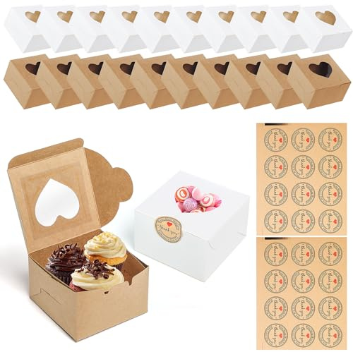 TAIXING Cupcake-Boxen, 10,2 cm, kleine Kuchen-Boxen, Mini-Plätzchen-Boxen, 20 Stück | Mini-Bäckerei-Kuchenboxen für Kuchenportionen, Schokolade, Kekse, Süßigkeiten, Leckereien, Braun/Weiß