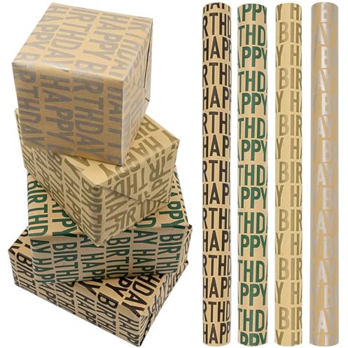 Geschenkpapierrolle zum Geburtstag, 4 Rollen 43 cm x 3 Meter, mehrfarbiges Kraftpapier mit Aufdruck „HAPPY BIRTHDAY“, perfekt zum Verpacken von Geburtstagsgeschenken für Familie und Freunde