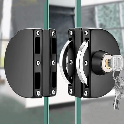 Glastürschloss mit Edelstahl Doppelbolzen, Rahmenloses Push Doppelschiebetürschloss Sicherheit mit 3 Schlüsseln, passend für 10 mm-12 mm Glastür(Schwarz)