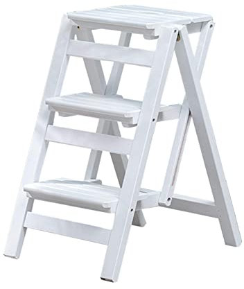 Escabeau pliable en bois blanc avec 3 marches multifonctionnel en pin pour la maison, la cuisine et le bureau