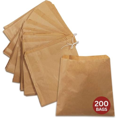 200 x Strung Kraft Paper Bags (10 x 10 inch) – Brown Paper Bags for Food, Lunch, Gifts, Groceries, Sandwiches & Takeaway | Greaseproof & Eco-Friendly Fruit Bag | Recyclable Large Brown Bag