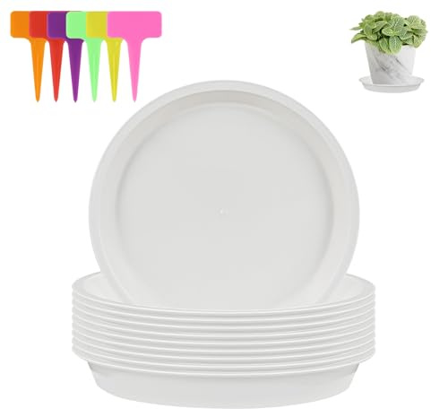 alwaiiz 10 Stück Untersetzer Blumentopf Rund, Kunststoff Topfuntersetzer Pflanzen und 6 Stück Pflanzenetiketten, Pflanzen Untersetzer für Innen- und Außenpflanzen