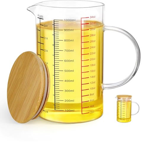 Votoko Jarra de Vidrio Medidora, 1000ml Cristral Borosilicatado Resistente al Calor con Escala+Tapa de Madera, 1L Vaso Medidor Cocina para Líquidos, Azúcar y Hari