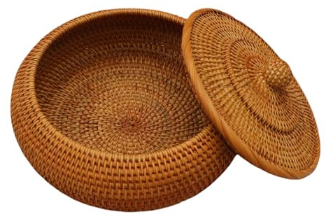 LOJAX Natürlicher Rattankorb, runder Weidenkorb mit Deckel, Picknick und Aufbewahrung, Korb mit Deckel, Picknickkorb, Rattan-Obstkorb für Couchtisch