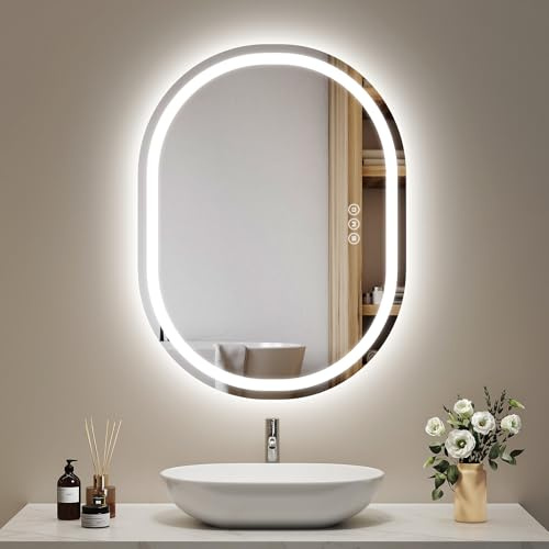 EMKE Badspiegel mit Beleuchtung oval 60x80cm, Ovaler Spiegel mit 3 Lichtfarben Dimmbar, Antibeschlag, Touch, Speicherfunktion, Energiesparend Badezimmerspiegel mit Beleuchtung