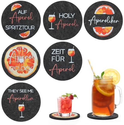 APOMOONS 6 Pezzi Aperol Sottobicchieri, Sotto Bicchieri per Gli Amanti Dell'Aperol, Sottobicchieri in Feltro Rotondi con Stampa, Sottobicchiere per Aperol Regalo Bar Accessori Decorazione Carnevale