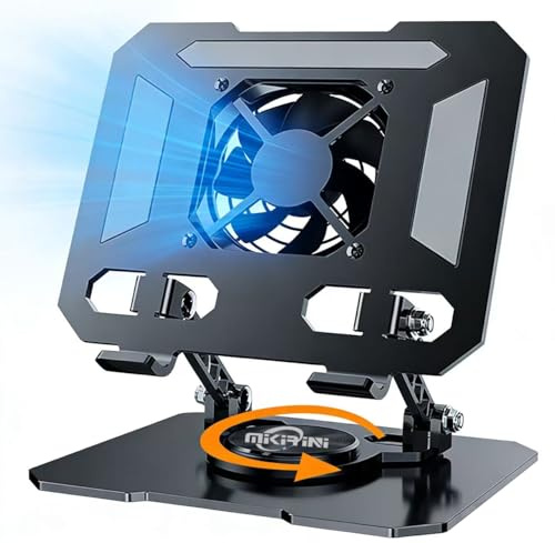 360° Rotating Tablet Desk Stand Holder with USB Cooler，Carbon Steel Frame Dual Rod Mount Support for iPad Pro 13 12 11 Air Mini 5 4 3 Samsung Tab E-Reader (Black with Built-in Cooler)