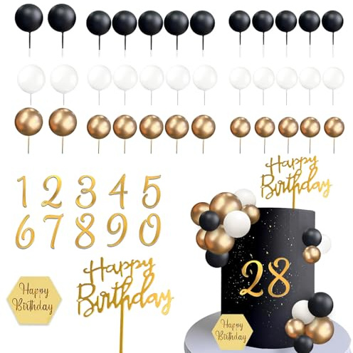 48 PCS Palline Decorative Per Torte, Boho Cake Topper, Decorazioni Torta Compleanno Nero Bianco Oro, Topper per Torta di Numero 0-9, per Feste, Matrimoni, Baby Shower