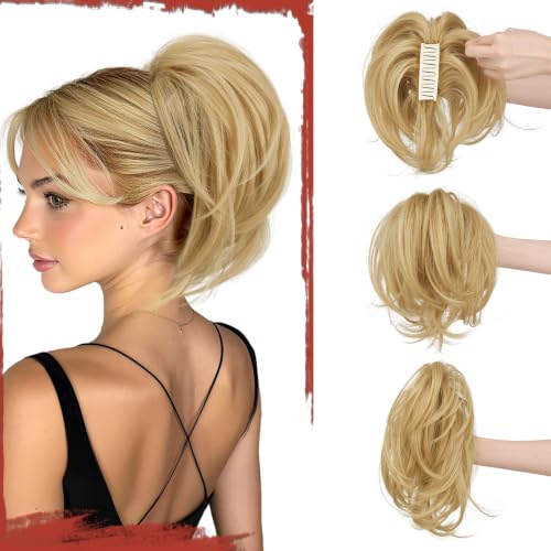 Sofeiyan Haarteil mit Klammer,Haarteil Zopf mit Flexiblem Draht für DIY | Kurze Pferdeschwanz Haarverlängerung,Glattes Kunsthaar Ponytail Extension Perücke für Dünnes Haar,Goldblond mit Strähnchen