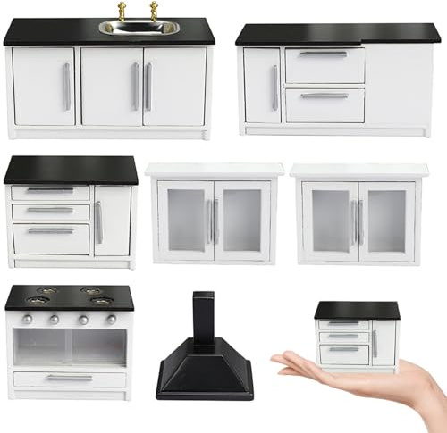 Cuisine Miniature 1/12, Cuisine Dollhouse, 7pcs / Set 1 Meubles de Maison de poupée en Bois à 12 échelles, Simulation Accessoires Maison poupée Miniature
