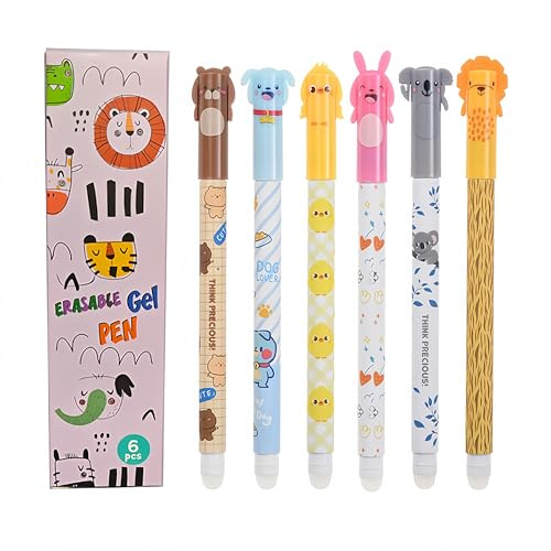 Generisch Süße Tier-Gel-Stifte Set, 6 Stück, Radierbarer Kugelschreiber mit Hund, Bär, Hase, Koala und Löwe Design