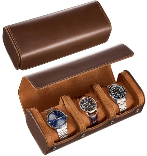 ProCase Watch Travel Case, 3 Slots PU Leather Watch Roll Box for Men, Portable Watch Holder Organizer, Gifts Ideas -Brown