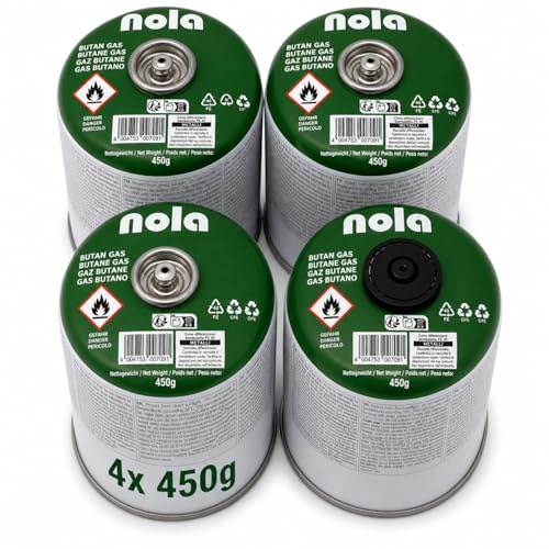 NOLA 4X 450g Gaskartuschen – Propan-/Butangas Schraubkartuschen mit Gewinde 7/16 Gas, Campinggas, für Campingkocher, Gaskocher & Gasgrill – Schraubventil Kartusche Outdoor EN417 Notfall Stromausfall