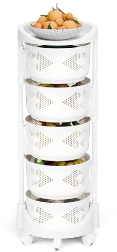 joukares 5 Tier Rolling Storage Rack, Multi Purpose Rotating Free Standing Mesh Vegetable/Fruit/Potato Basket Shelf Organiser, Kitchen Tidy Rack with Wheels, Utility Cart for Home (White)
