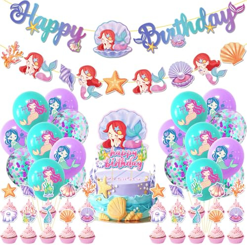 Gleemix Meerjungfrau Geburtstag Deko, Mit Meerjungfrauen Happy Birthday Girlande, Kuchen deko und Luftballons, für Meerjungfrau Party Deko Kindergeburtstag Mädchen