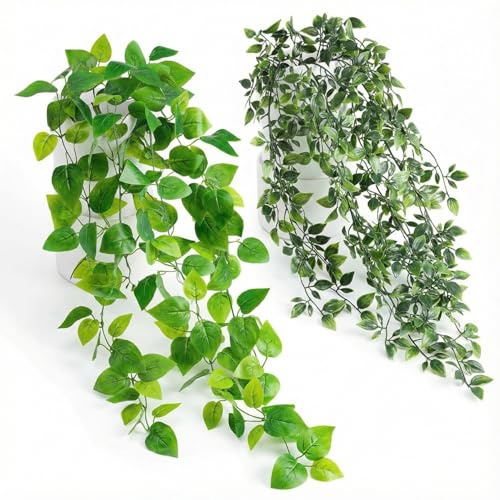 AUFIKR 2 Pack Artificial Hanging Plants with Pots, Fake Plants Indoor Outdoor Hanging Wall Decor, Realistic Faux Plants for Home Office Bathroom Kitchen Decor