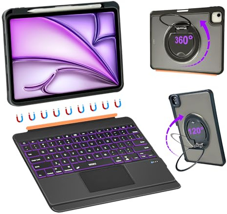 WIWU iPad Keyboard Case Air 13 Inch M4/M3/M2 2026/2025/2024 360° Stand Magnetic Detachable Case with Keyboard 7 Color Backlit Keys Trackpad with Pencil Holder Black (for Pro 12.9 6/5/4/3)