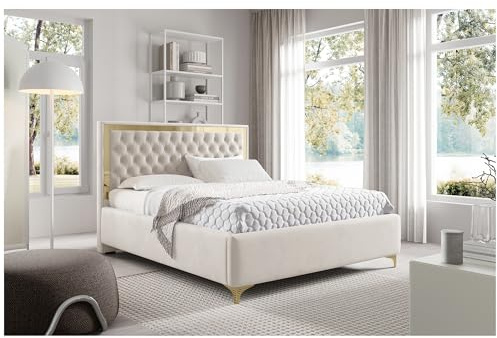 MEBLINI Arona Gold Polsterbett 180x200 mit Stauraum - Lattenrost und Bettkasten - Kopfteil Bett mit Stauraum - Doppelbett - Stauraumbett - Betten - 180x200 - Beige Samt ohne Matratze