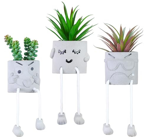 Jun-Saxifragelec Artificialplant Suculentas en macetas de cemento con pierna colgante, decoración de estante de cocina, decoración de baño, decoración de estantería, decoración de pared de oficina