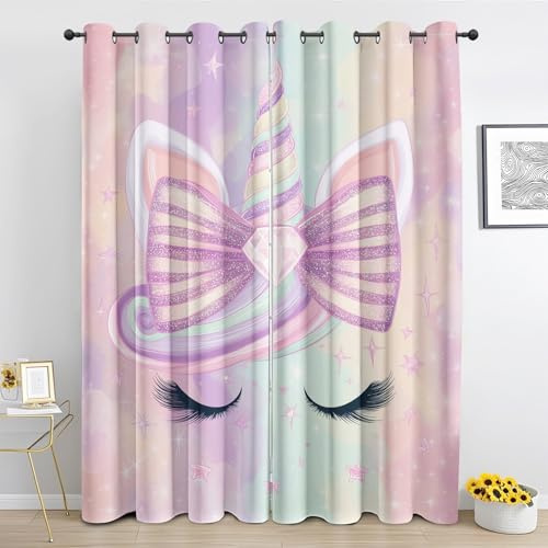 Generisch Unicorn Vorhang, Glitzer Stern Schleife Gardinen mit Ösen 2er Set Verdunkelungsvorhang - Prinzessin Mädchen Vorhänge, Wohnzimmer Schlafzimmer Kinderzimmer Blickdichte Vorhänge, 117x137 cm