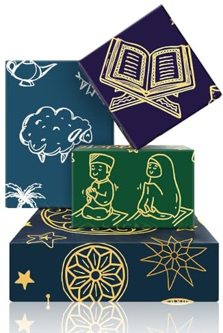 Presentpapper för Eid Mubarak, 4 blad, 4 mönster, stjärn- och månmönster, ramadan-presentpapper för Eid-Mubarak-presenter och dekorationer