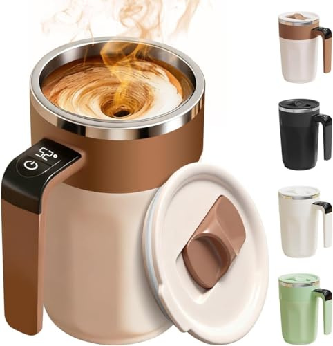 Taza de café con agitación automática con indicador de temperatura, taza de café recargable, taza de 382.7 g con tapa, material de acero inoxidable adecuado para café, leche y otras bebidas (marrón)